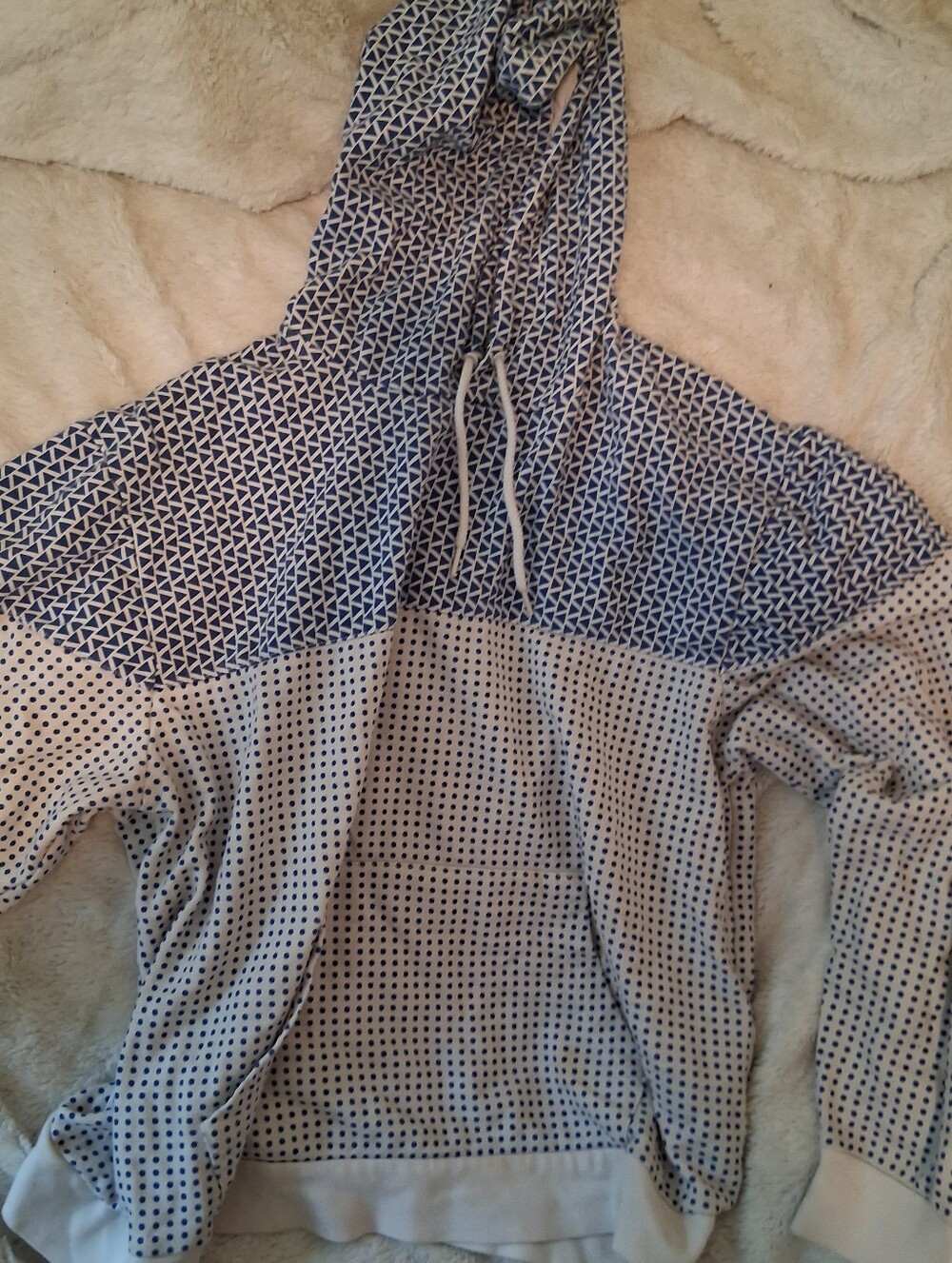 Women’s Blue and White Patterned Hoodie Sweater, Abstract, Artistic